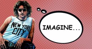 Cartoon of John Lennon thinking Imagine