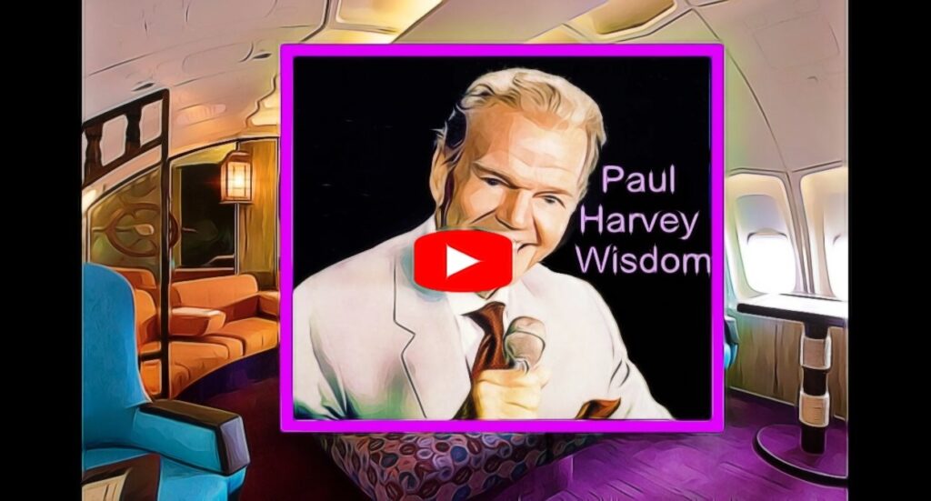 Illustrated image of an older man in a light suit holding a microphone, with the text “Paul Harvey Wisdom.” The background shows a luxurious airplane interior with colorful seating. A play button icon is over the mans face.