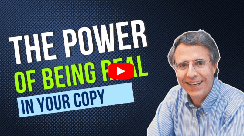A man in glasses and a striped shirt smiles at the camera. Text reads: THE POWER OF BEING REAL IN YOUR COPY. A red play button is in the center, suggesting a video thumbnail.