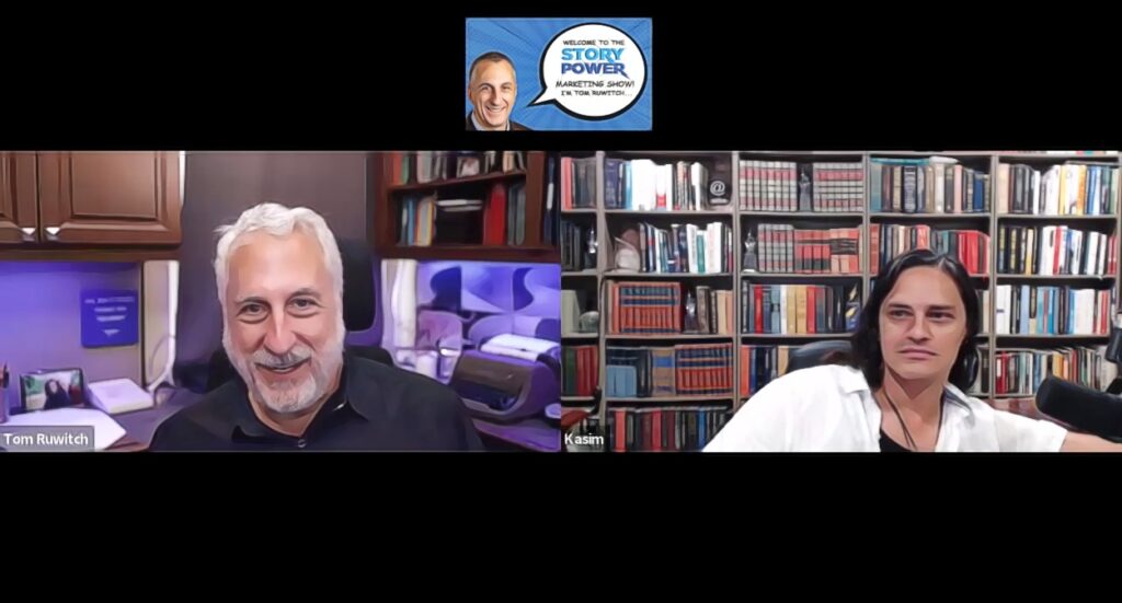 Two men are on a video call. The man on the left sits in a room with dark walls, smiling at the camera. The man on the right is in front of bookshelves, holding a microphone. A Story Power podcast logo is at the top.