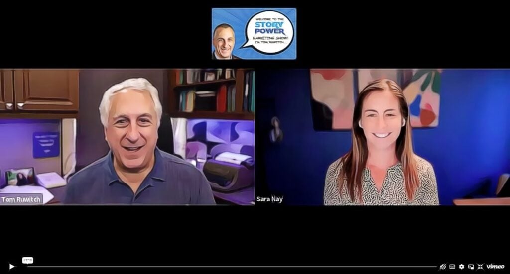 A screenshot of a video call shows a smiling man on the left and a smiling woman on the right, each in their home offices. The top center includes a logo reading “Story Power” with a man’s face and text.