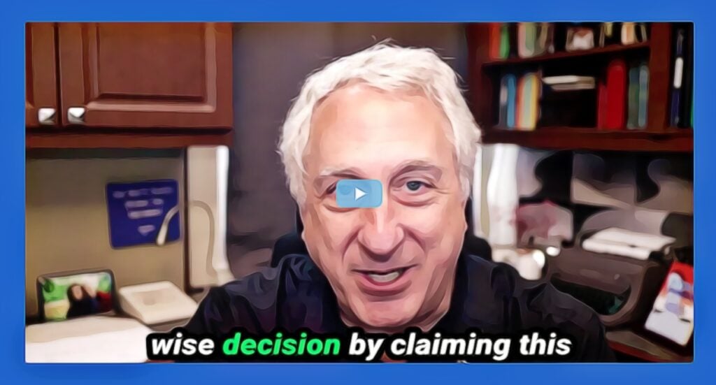 A man with gray hair sits in an office, smiling at the camera during a video call. Text at the bottom reads, “wise decision by claiming this,” with decision highlighted in green.