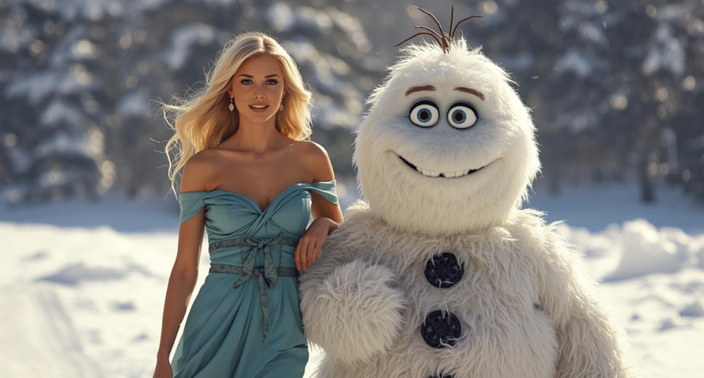 A woman in a light blue dress walks arm-in-arm with a large, friendly-looking white yeti costume character in a snowy forest.