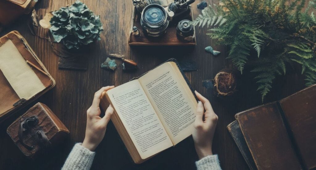 A person reads an open book at a wooden table surrounded by plants, vintage bottles, notebooks, and other objects, creating a cozy, rustic atmosphere.