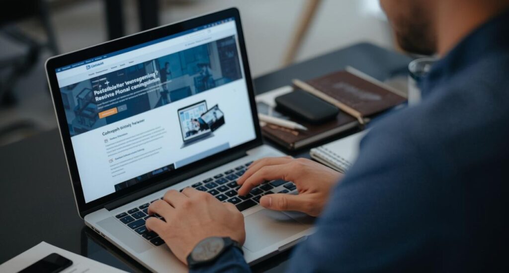 A person in a blue shirt is typing on a laptop at a desk, viewing a business-related website. A notebook, pen, and smartphone are also on the desk. The screen shows images and text about online business courses.