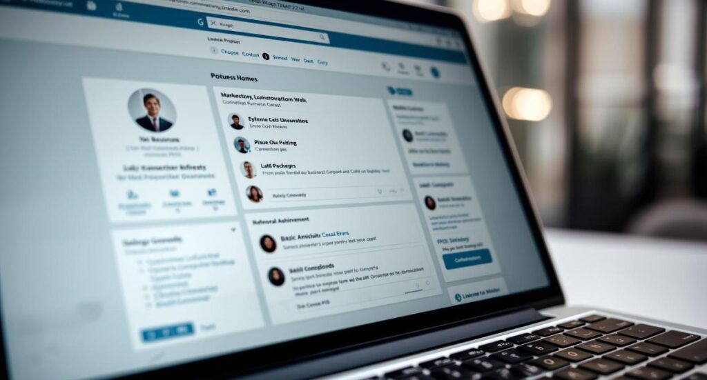 A laptop screen displays a LinkedIn profile page with sections for profile photo, connections, posts, and professional information, sitting on a dark keyboard. The screen shows user interactions and updates.