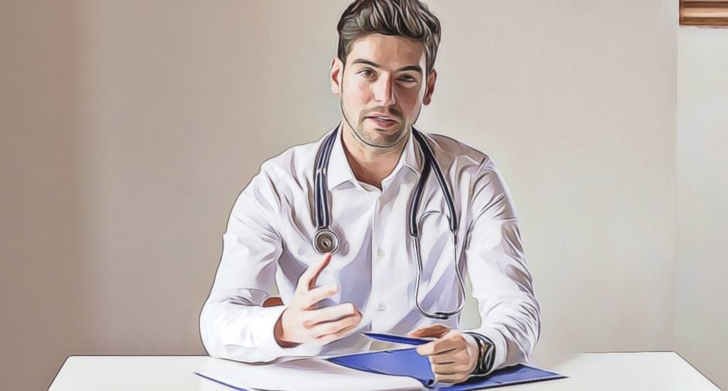 A doctor with a stethoscope around his neck sits at a desk, holding a pen and gesturing with his hand while looking forward. There are papers or a folder on the desk in front of him.