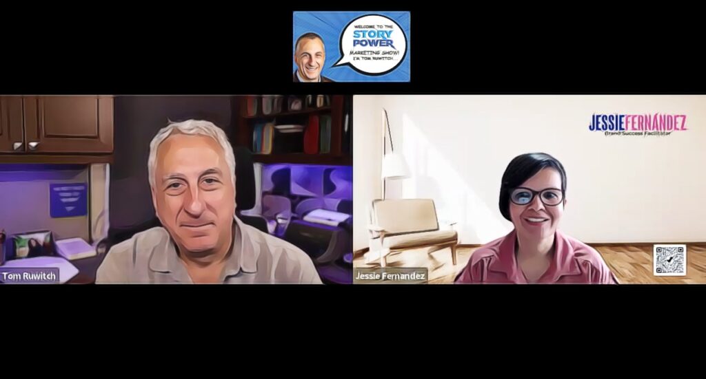Two people, Tom Ruwitch and Jessie Fernandez, appear in a split-screen video call. Tom sits in a purple-lit room with shelves behind him, while Jessie is in a bright room with a chair and Jessie Fernandez text in the background.