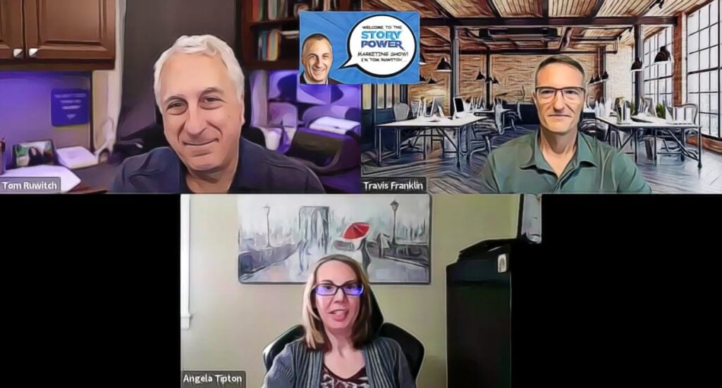 A cartoon-style video call with three people: two men in separate office backgrounds on the top, and a woman in an office at the bottom. A “Story Power” logo appears above, featuring one man’s face and a microphone.