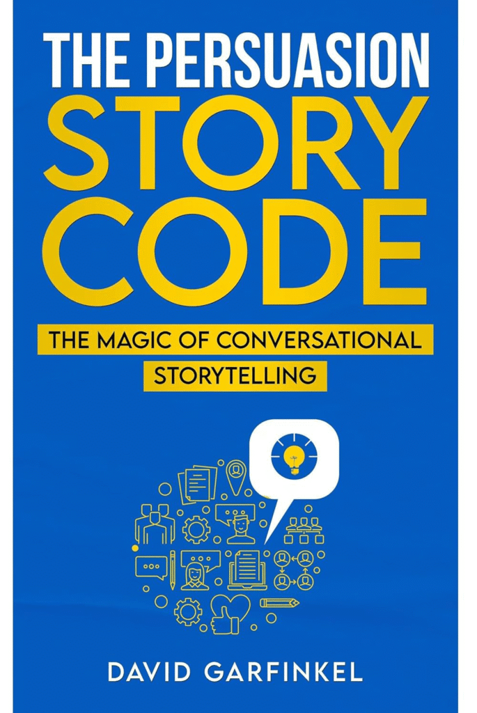 Book cover for The Persuasion Story Code: The Magic of Conversational Storytelling by David Garfinkel, featuring bold blue and yellow text and an illustration of icons related to ideas and communication.