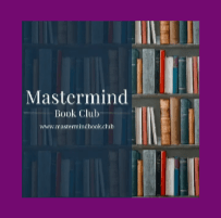 A bookshelf filled with books is shown next to a blue overlay with the text Mastermind Book Club and a website URL, all set against a purple background.