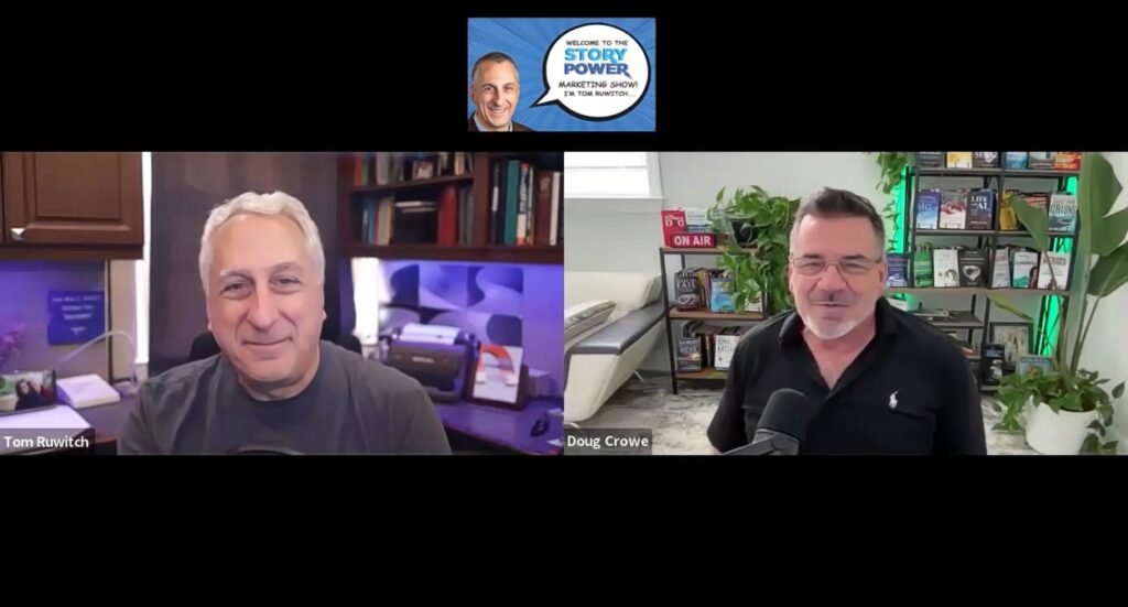 Two men have a video call. The man on the left sits in an office with shelves and electronics behind him; the man on the right is in a bright room with plants and books. Both are smiling. A podcast logo appears at the top.