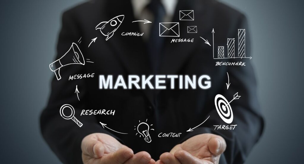 A person in a suit holds out their hands. Above their hands, the word MARKETING is surrounded by icons and words like campaign, message, benchmark, target, content, and research, representing marketing concepts.