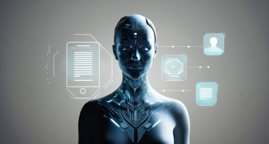 A futuristic humanoid figure with glowing blue circuit patterns stands against a gray background, surrounded by digital icons such as documents, a profile, and hexagonal shapes, representing advanced technology and artificial intelligence.