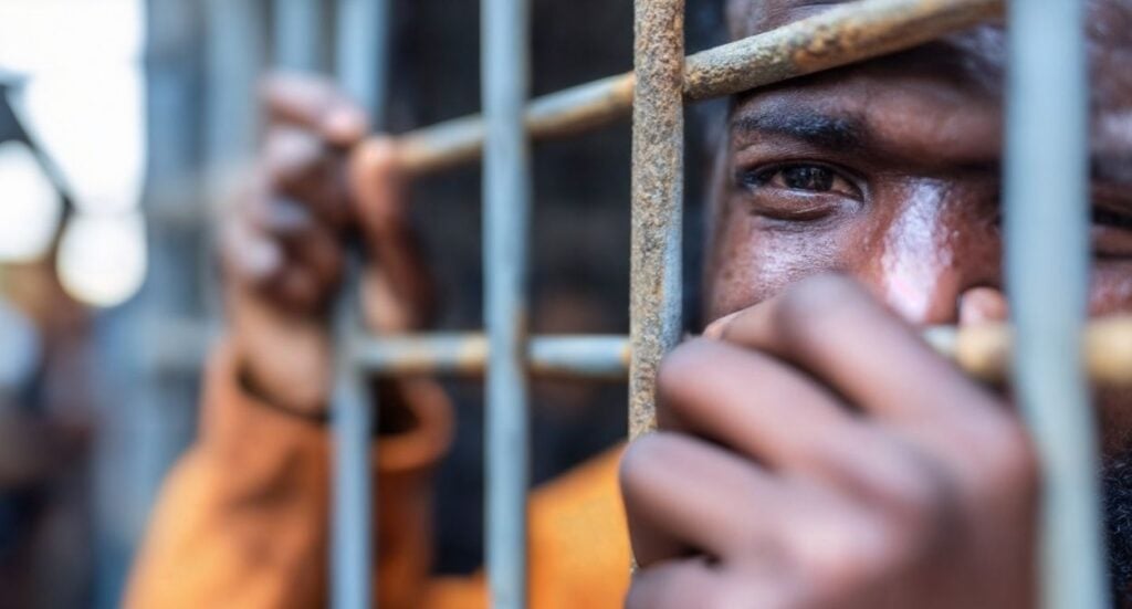 A close-up of a mans face and hands gripping metal bars, with a somber expression visible in his eye. The image suggests he is behind bars, possibly in prison or detention.