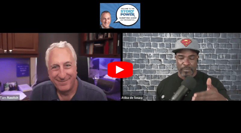 Screenshot of a virtual interview with two men; one smiling in an office, the other speaking into a microphone with a Superman hat, and a podcast logo labeled Story Power displayed at the top center.