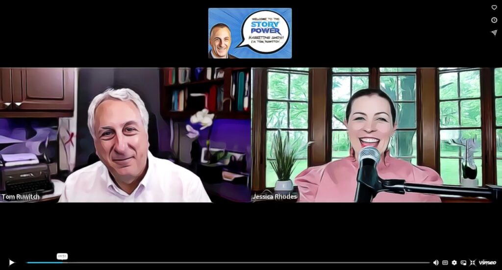 A split-screen video call shows a man and a woman smiling. The man, in a white shirt, sits in front of bookshelves. The woman, wearing pink, speaks into a microphone with plants and windows behind her. A podcast logo is at the top.