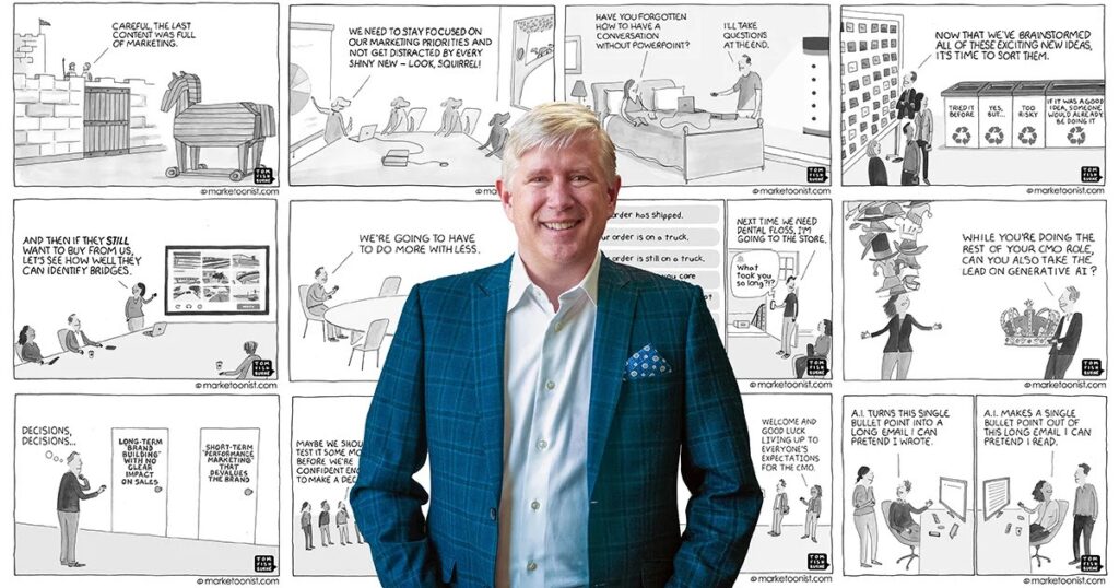 A smiling man in a blue plaid jacket stands in front of a collage of black-and-white cartoon panels depicting office and business scenarios. The cartoons feature various characters discussing workplace topics.
