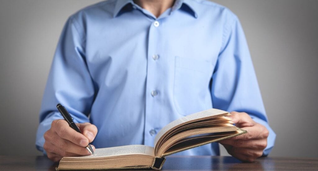 A person in a light blue button-up shirt is holding an open book with one hand and making notes with a pen in the other hand while seated at a desk.