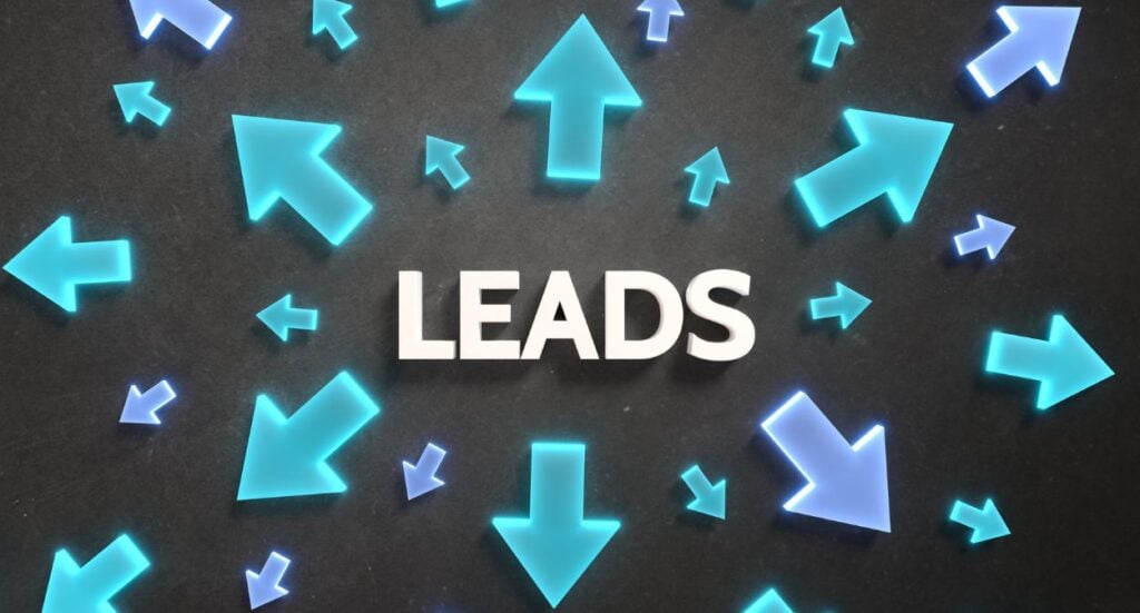 The word LEADS in bold white letters is surrounded by many glowing blue arrows pointing towards it on a dark background.