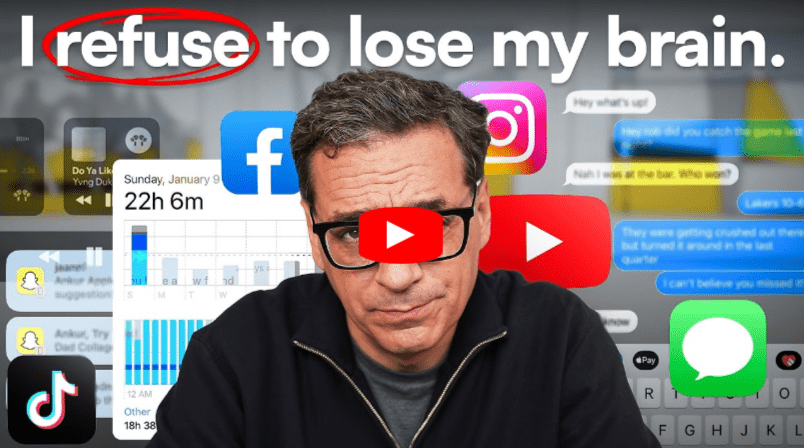 A man wearing glasses looks serious, sitting in front of a collage of social media icons and notifications. The text above reads, I refuse to lose my brain, with refuse circled in red. A red play button is centered on the image.