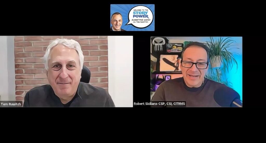 Two men are shown in a split-screen video call. The man on the left sits in front of a brick wall, while the man on the right is in a room with shelves and plants, speaking into a microphone. A show logo appears at the top.
