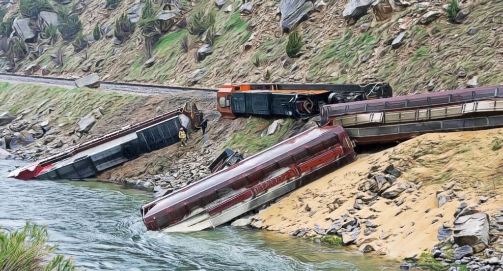 Three train cars have derailed down a rocky embankment beside a river, with two cars partially submerged in the water and one lying on its side further up the slope. A person in yellow safety gear stands nearby.